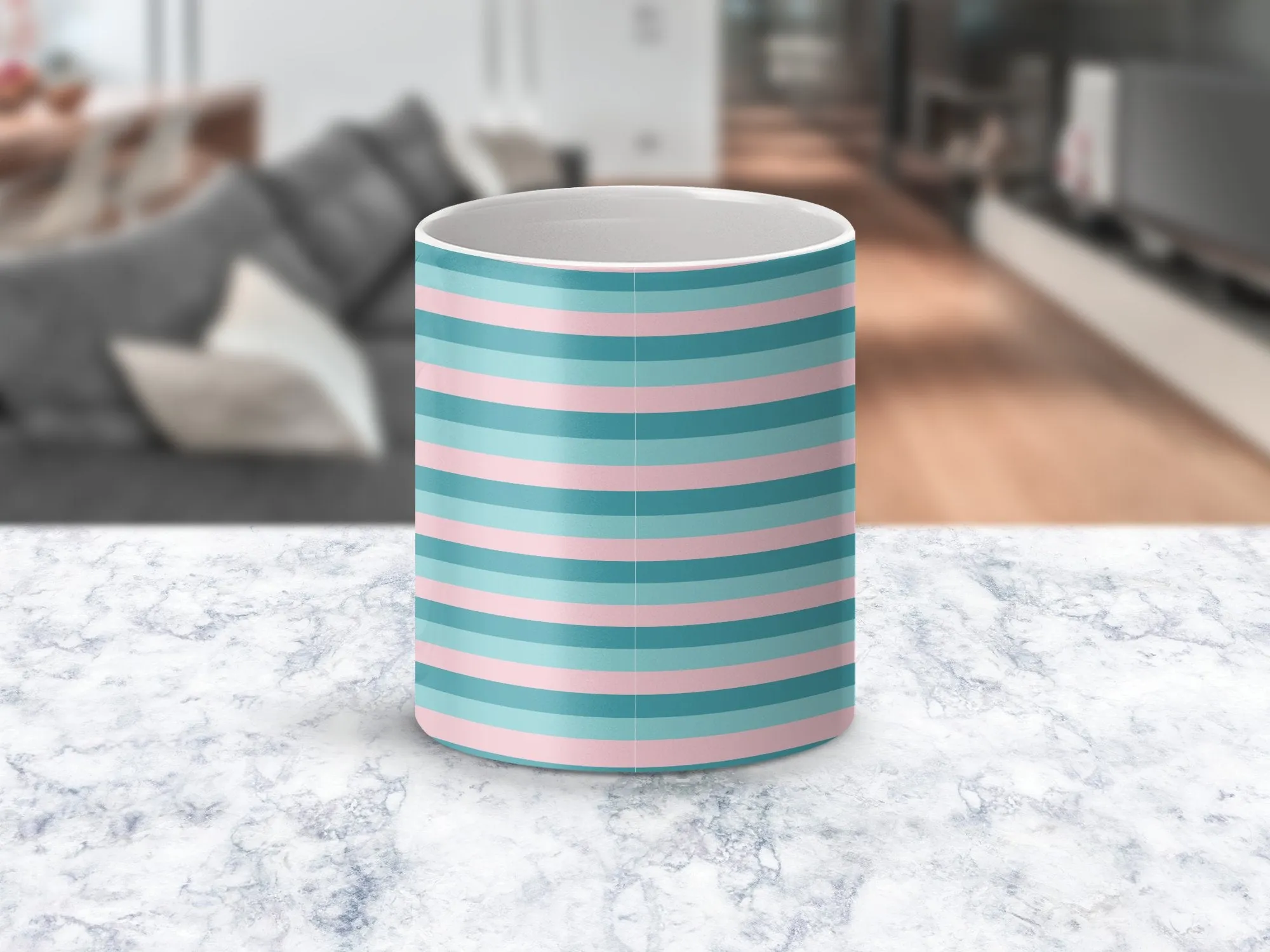 Striped Mug in Teal and Pink, Classic Horizontal Stripe Pattern Coffee Cup, 11oz Ceramic Mug, Modern Kitchen Decor, Unique Drinkware