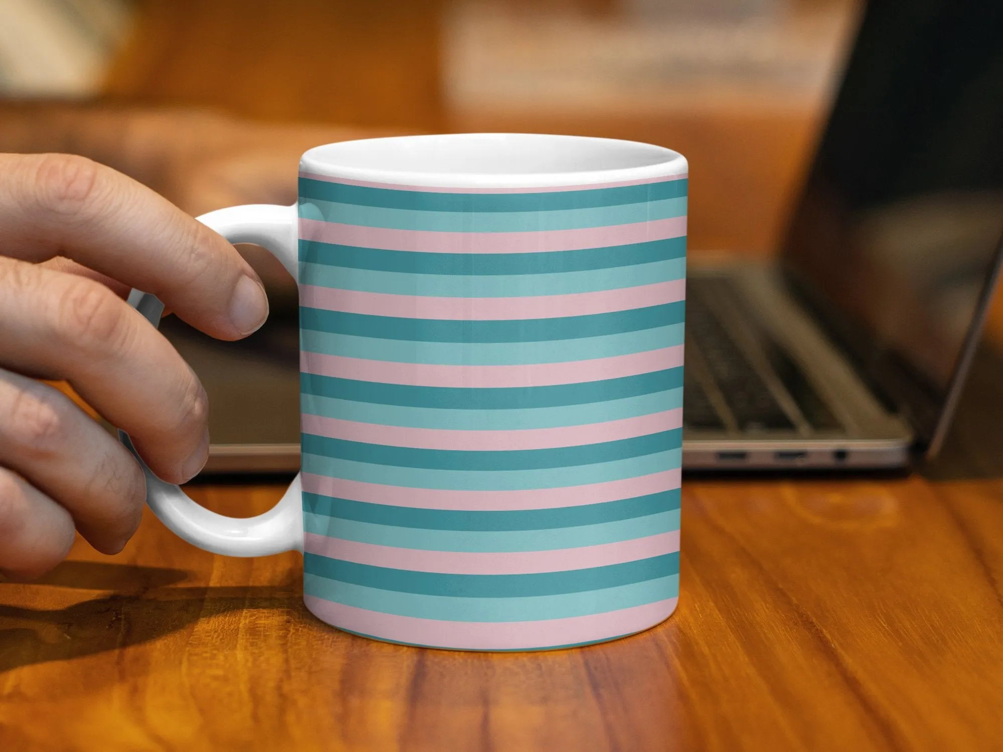 Striped Mug in Teal and Pink, Classic Horizontal Stripe Pattern Coffee Cup, 11oz Ceramic Mug, Modern Kitchen Decor, Unique Drinkware