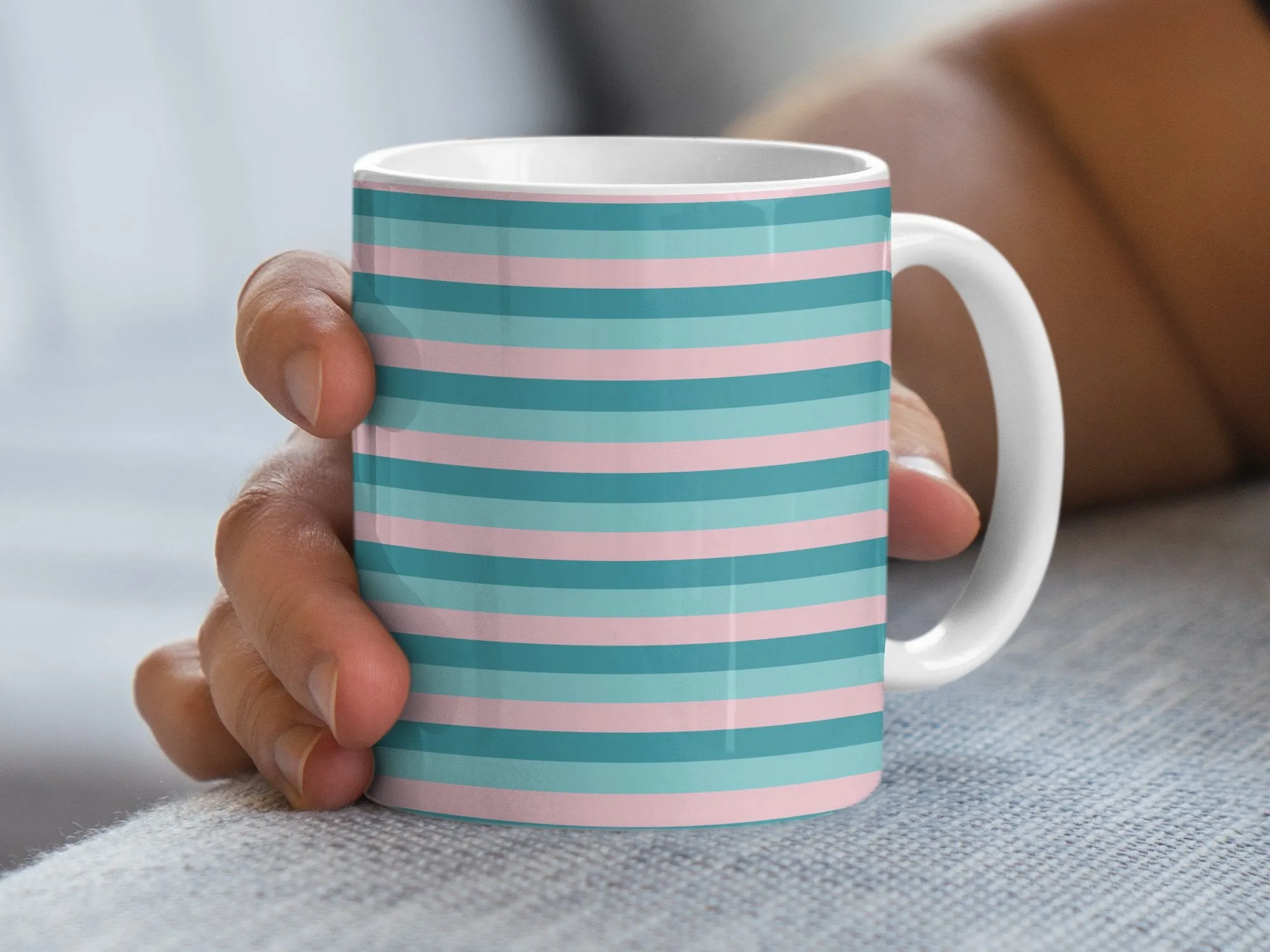 Striped Mug in Teal and Pink, Classic Horizontal Stripe Pattern Coffee Cup, 11oz Ceramic Mug, Modern Kitchen Decor, Unique Drinkware