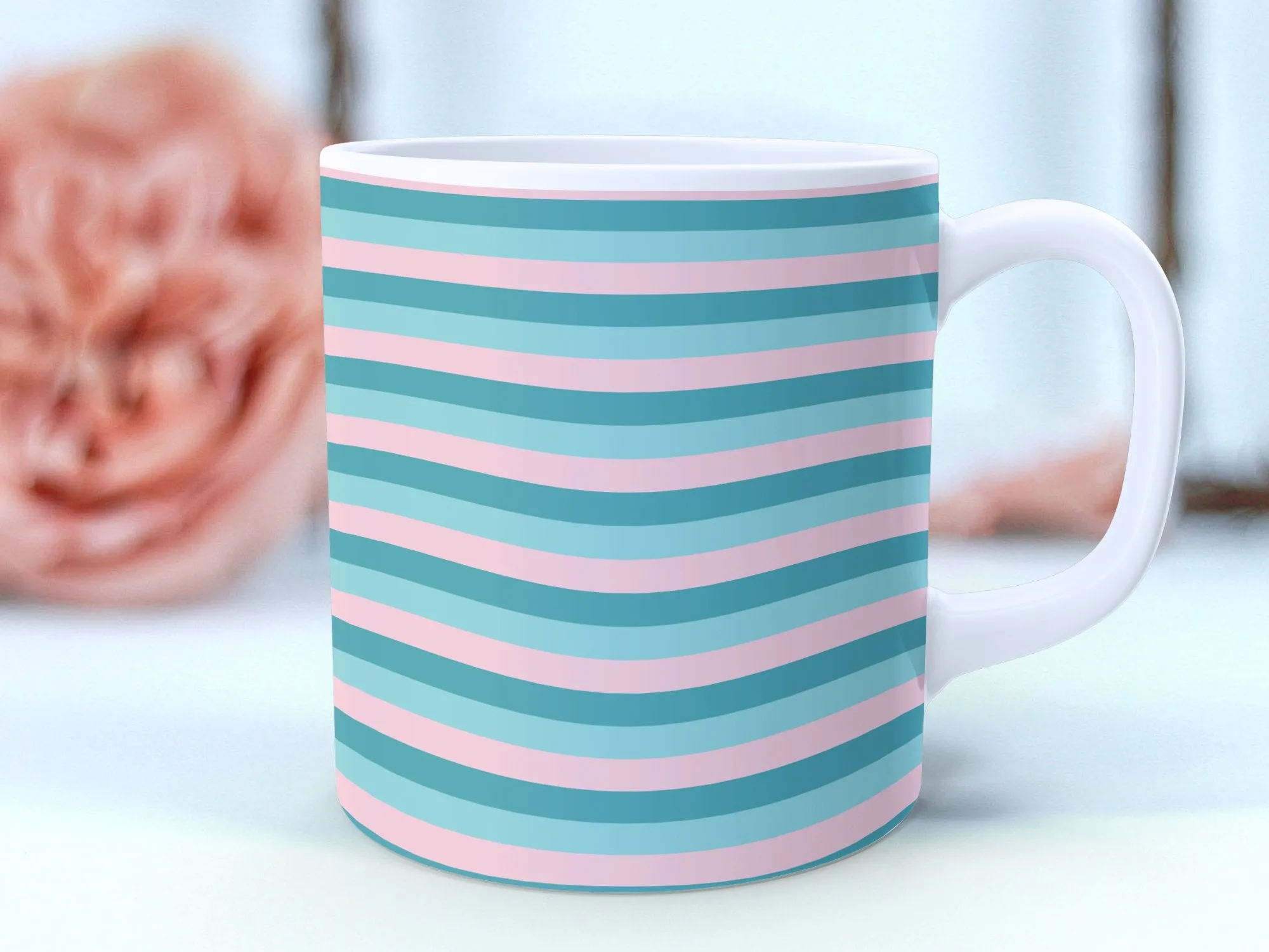 Striped Mug in Teal and Pink, Classic Horizontal Stripe Pattern Coffee Cup, 11oz Ceramic Mug, Modern Kitchen Decor, Unique Drinkware