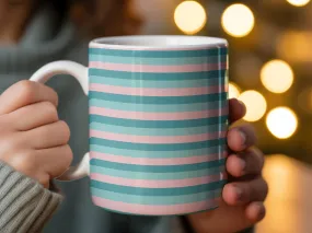 Striped Mug in Teal and Pink, Classic Horizontal Stripe Pattern Coffee Cup, 11oz Ceramic Mug, Modern Kitchen Decor, Unique Drinkware