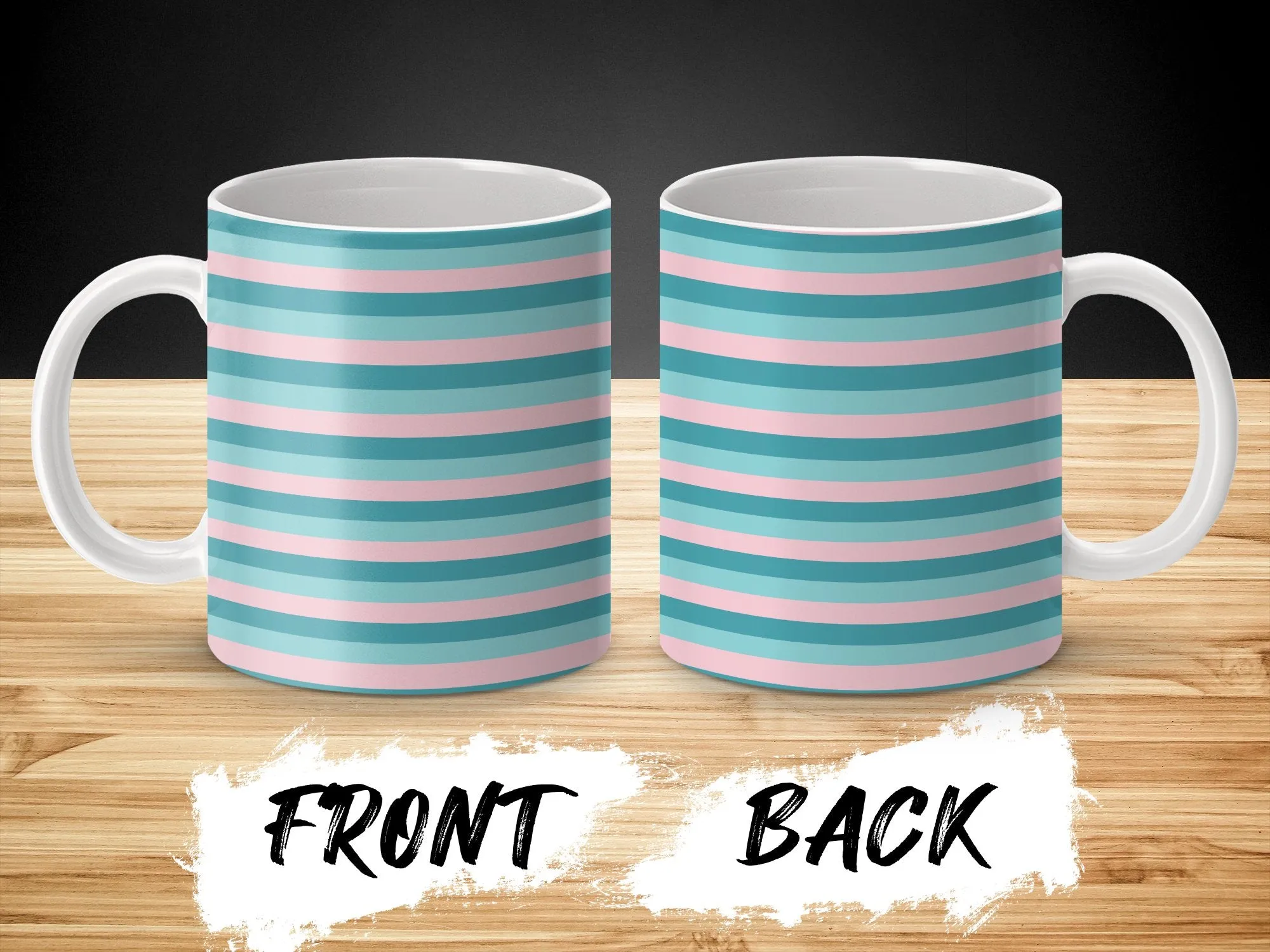 Striped Mug in Teal and Pink, Classic Horizontal Stripe Pattern Coffee Cup, 11oz Ceramic Mug, Modern Kitchen Decor, Unique Drinkware