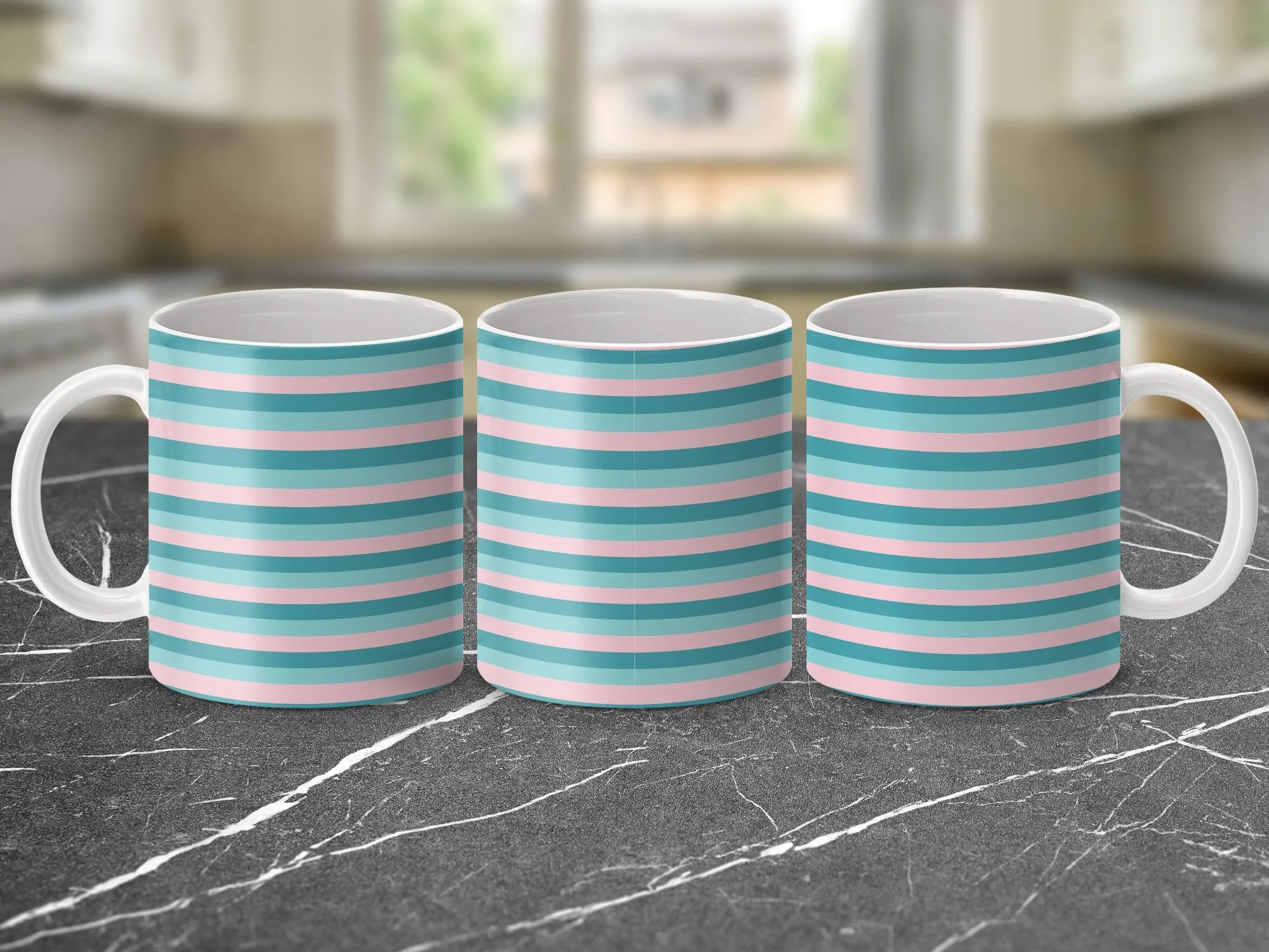 Striped Mug in Teal and Pink, Classic Horizontal Stripe Pattern Coffee Cup, 11oz Ceramic Mug, Modern Kitchen Decor, Unique Drinkware