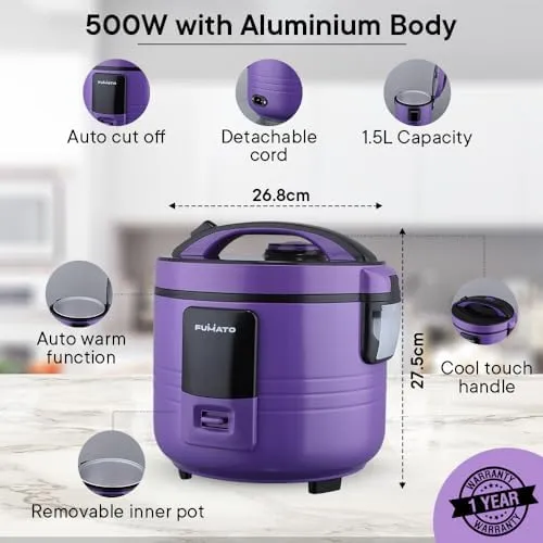 The Better Home FUMATO Cookeasy Automatic 500W Electric Rice Cooker 1.5L & Stainless Steel Water Bottle 1 Litre Purple