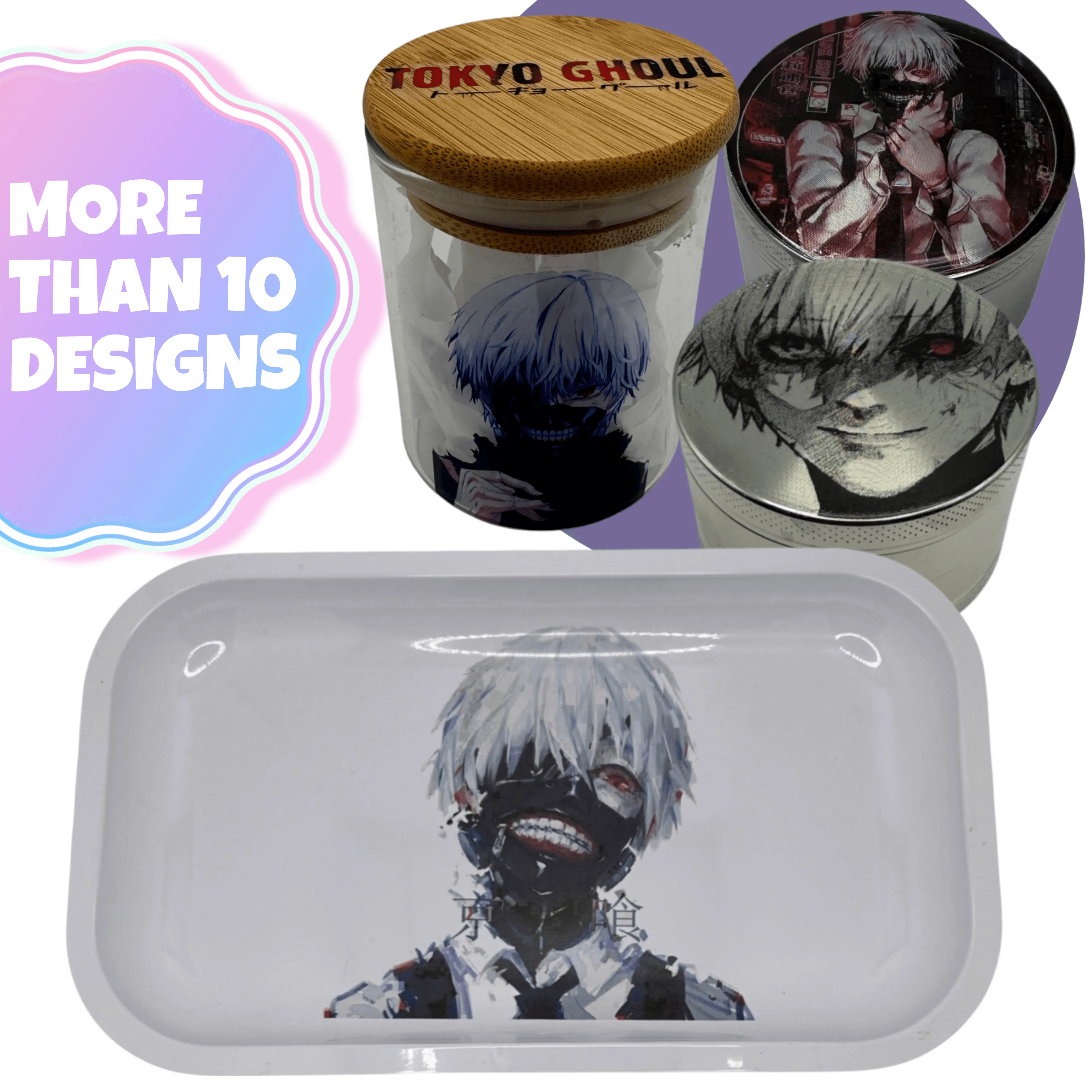 Tokyo Ghoul Anime Herb Grinder, Stash Jar, Rolling Tray Set