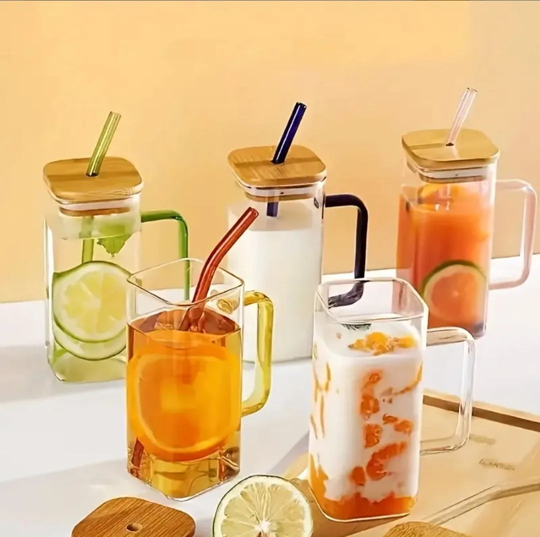 Transparent Square Bamboo Lid Tumbler Drinking Glass with Glass Straw and Colourful Handle