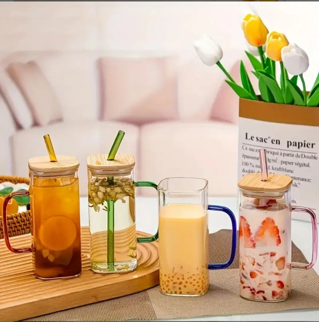 Transparent Square Bamboo Lid Tumbler Drinking Glass with Glass Straw and Colourful Handle