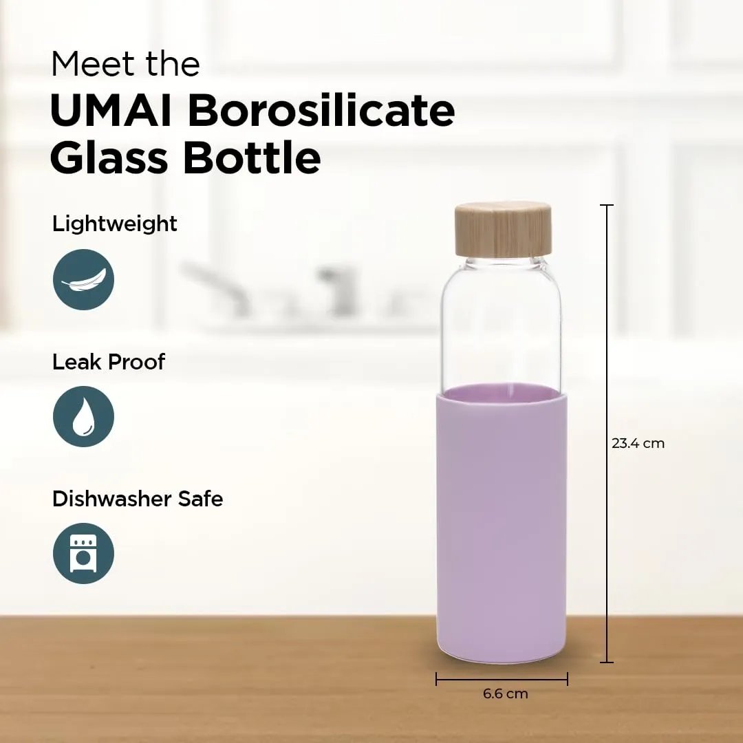 UMAI Borosilicate Glass Water Bottle with Sleeve 550ml | Non Slip Silicon Sleeve & Bamboo Lid | Fridge Water Bottle For Home & Office (Purple, Pack of 6)