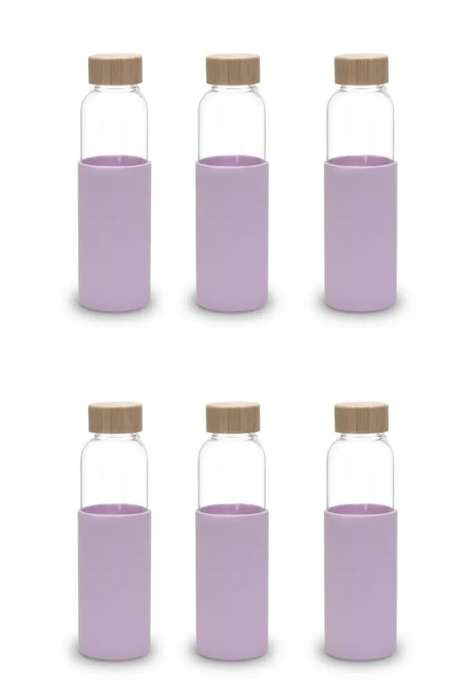 UMAI Borosilicate Glass Water Bottle with Sleeve 550ml | Non Slip Silicon Sleeve & Bamboo Lid | Fridge Water Bottle For Home & Office (Purple, Pack of 6)