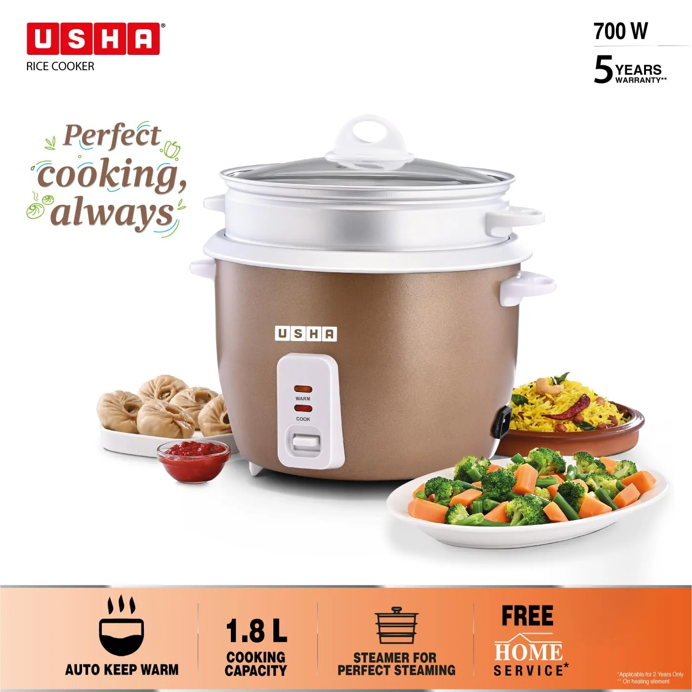 USHA RC18GS2 D Steamer 700 Watt Automatic Rice Cooker 1.8 Litres with Powerful Heating Element, Keep Rice Warm for 5 Hrs, 2 Cooking Pans, Steamer, Trivet Plate & more accessories, 5 Yrs Warranty (Gold)