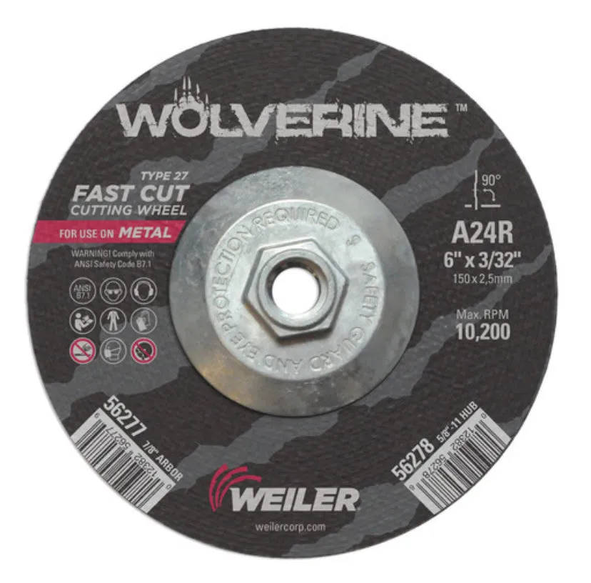 Weiler 56278 Type 27-A24R-Fast Cut Cutting Wheel 6x3/32x5/8-11 inch - New Surplus