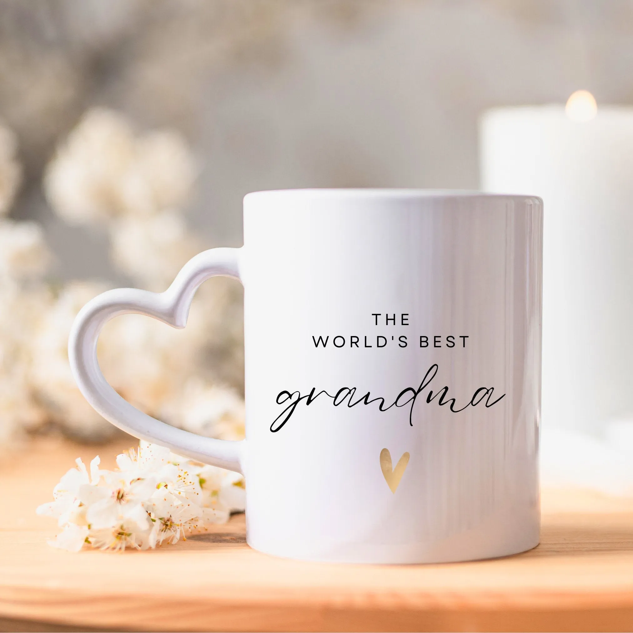 World's Best Grandma Mug - Elegant Gold Heart Design with Unique Heart Handle