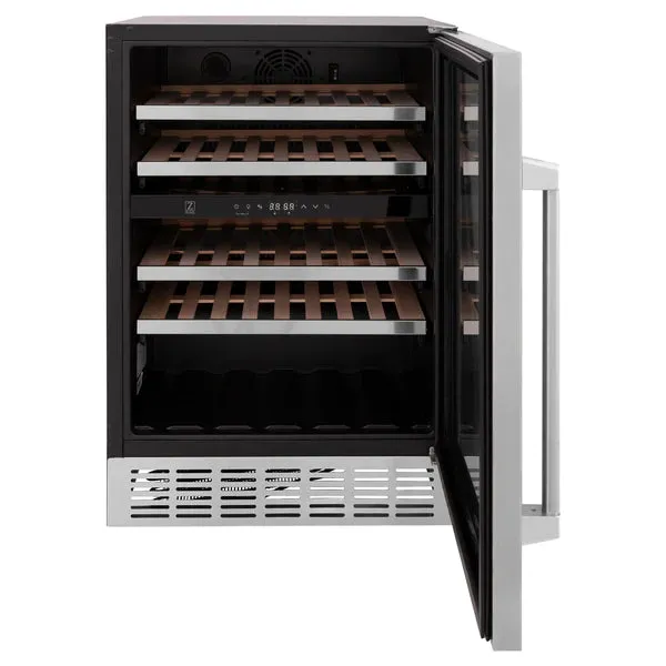 ZLINE 24" Dual Zone 44-Bottle Wine Cooler in Stainless Steel with Wood Shelf (RWV-UD-24)