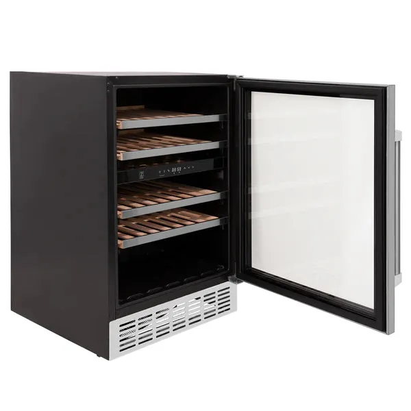 ZLINE 24" Dual Zone 44-Bottle Wine Cooler in Stainless Steel with Wood Shelf (RWV-UD-24)