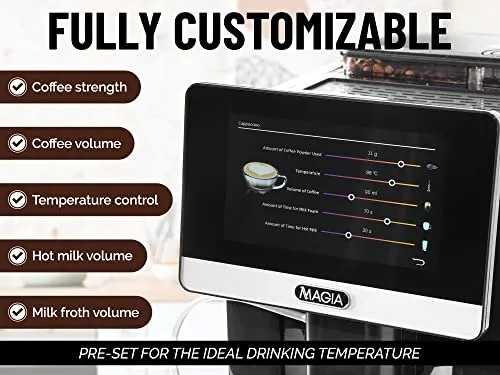 Zulay Magia Super Automatic Coffee Espresso Machine - Durable Espresso Machine With Grinder - Coffee Maker With Easy To Use 7” Touch Screen, 19 Coffee Recipes, 10 User Profiles